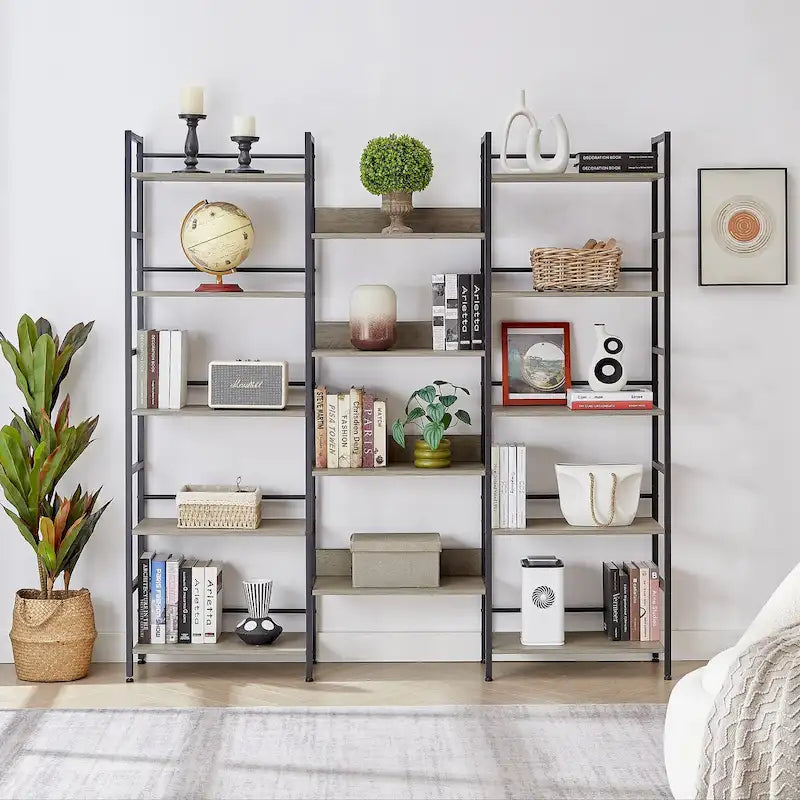 Triple Wide 5-Shelf Industrial Retro Wooden Style Open Bookshelves