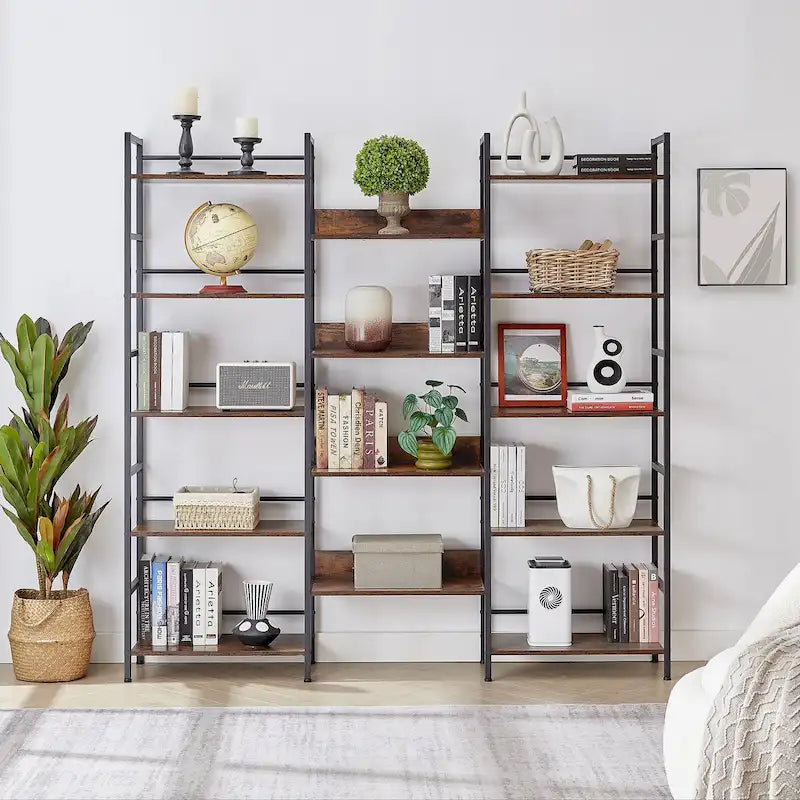 Triple Wide 5-Shelf Industrial Retro Wooden Style Open Bookshelves
