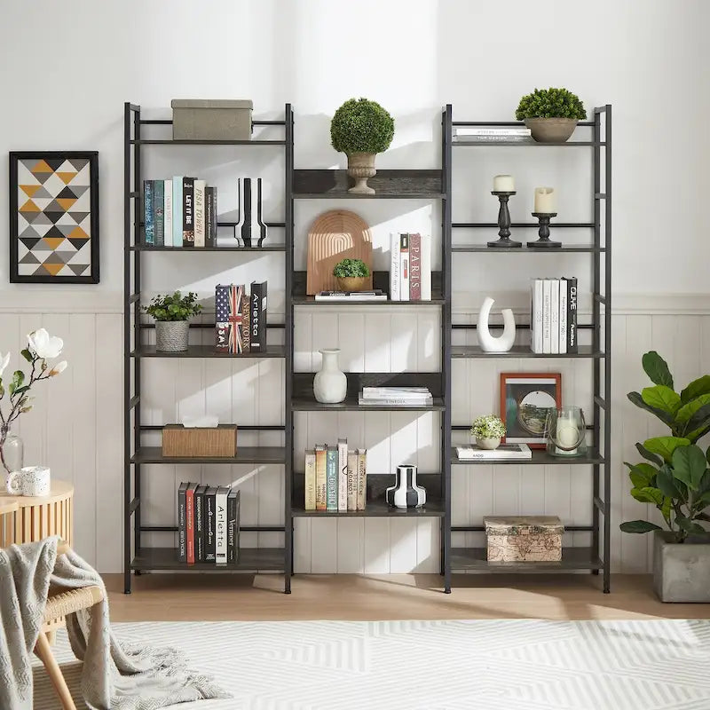 Triple Wide 5-Shelf Industrial Retro Wooden Style Open Bookshelves