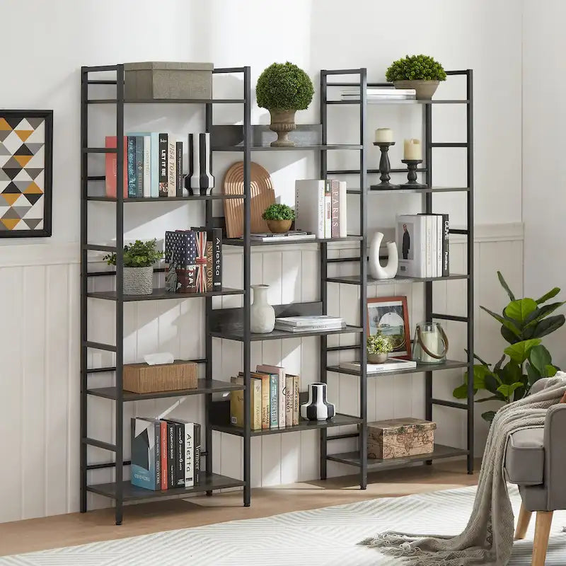 Triple Wide 5-Shelf Industrial Retro Wooden Style Open Bookshelves