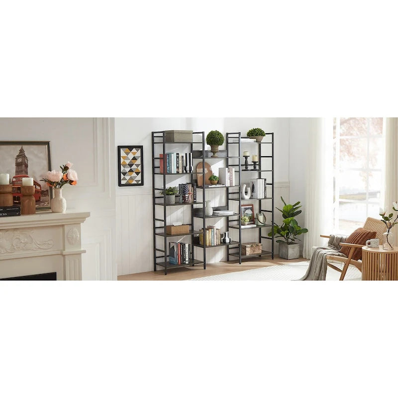 Triple Wide 5-Shelf Industrial Retro Wooden Style Open Bookshelves