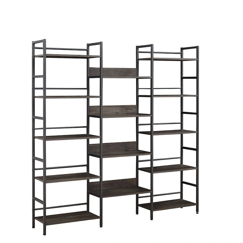 Triple Wide 5-Shelf Industrial Retro Wooden Style Open Bookshelves