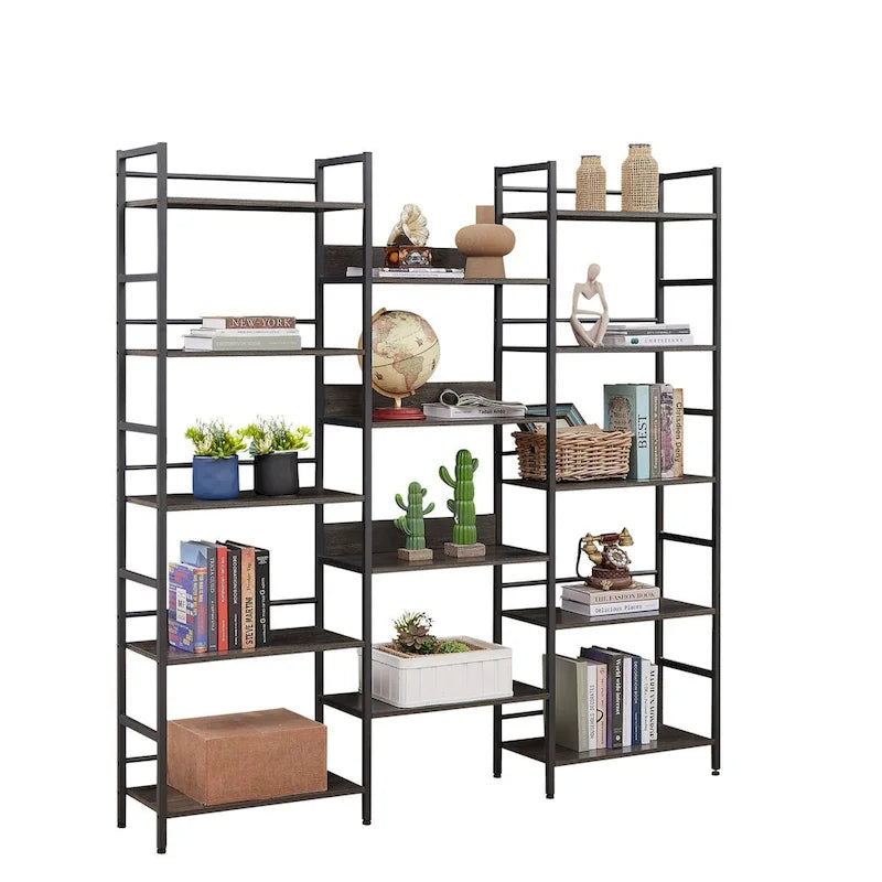Triple Wide 5-Shelf Industrial Retro Wooden Style Open Bookshelves