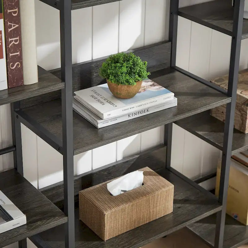 Triple Wide 5-Shelf Industrial Retro Wooden Style Open Bookshelves