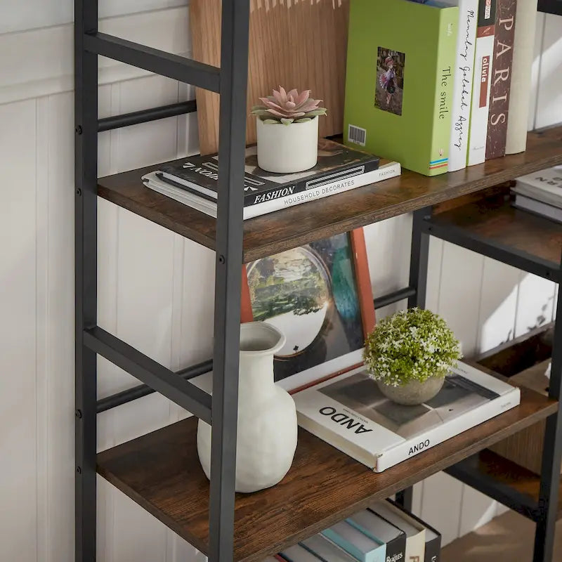 Triple Wide 5-Shelf Industrial Retro Wooden Style Open Bookshelves