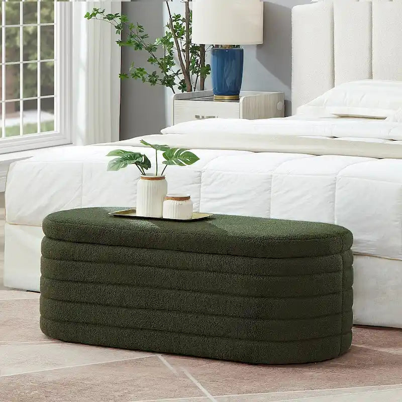 Modern Oval Storage Ottoman Bench, Boucle Teddy Fabric, End of Bed Stool with Safety Hinge