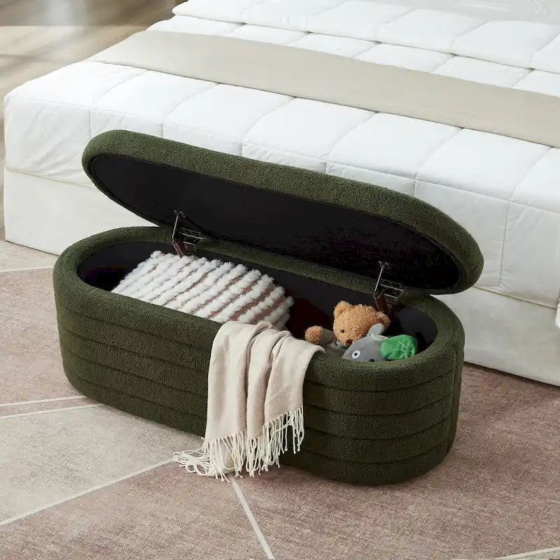 Modern Oval Storage Ottoman Bench, Boucle Teddy Fabric, End of Bed Stool with Safety Hinge