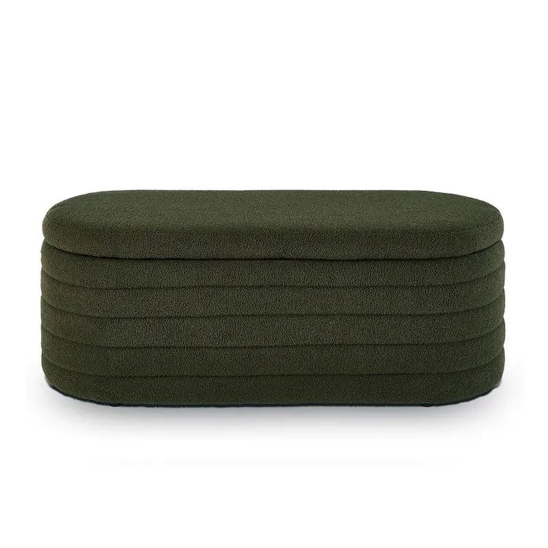Modern Oval Storage Ottoman Bench, Boucle Teddy Fabric, End of Bed Stool with Safety Hinge