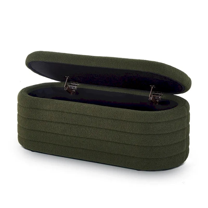 Modern Oval Storage Ottoman Bench, Boucle Teddy Fabric, End of Bed Stool with Safety Hinge