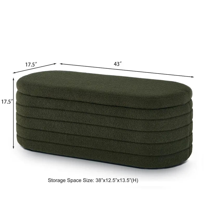Modern Oval Storage Ottoman Bench, Boucle Teddy Fabric, End of Bed Stool with Safety Hinge