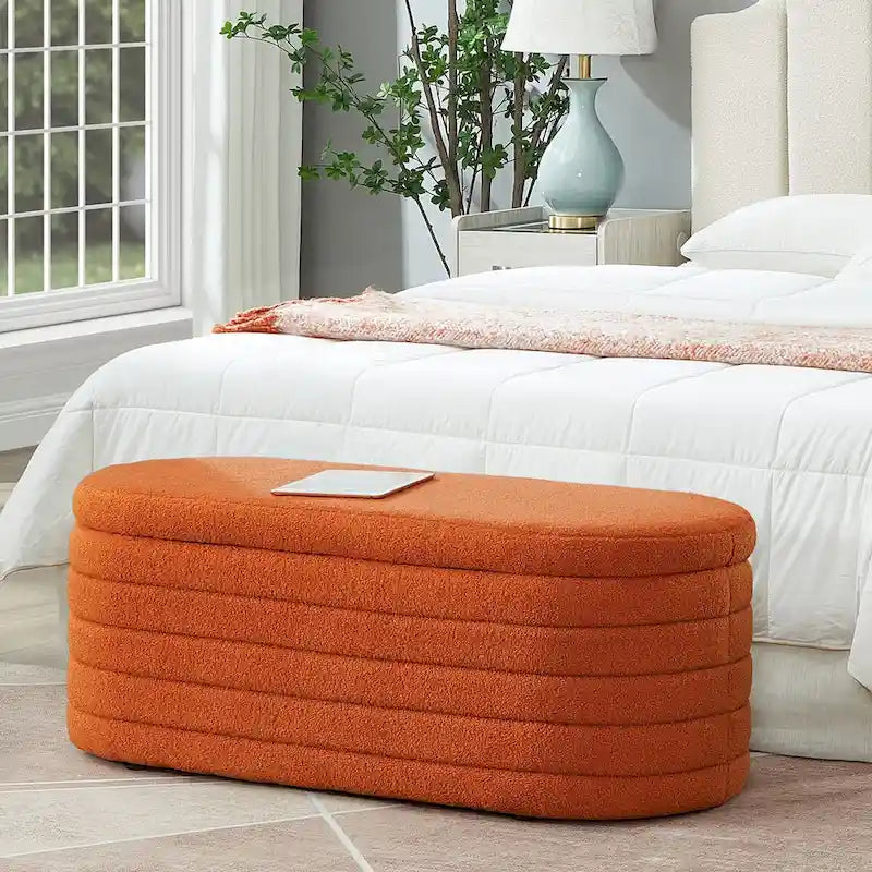 Modern Oval Storage Ottoman Bench, Boucle Teddy Fabric, End of Bed Stool with Safety Hinge
