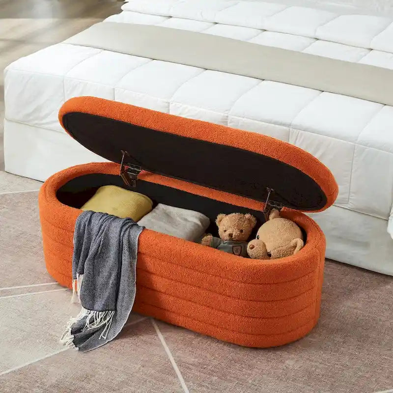 Modern Oval Storage Ottoman Bench, Boucle Teddy Fabric, End of Bed Stool with Safety Hinge