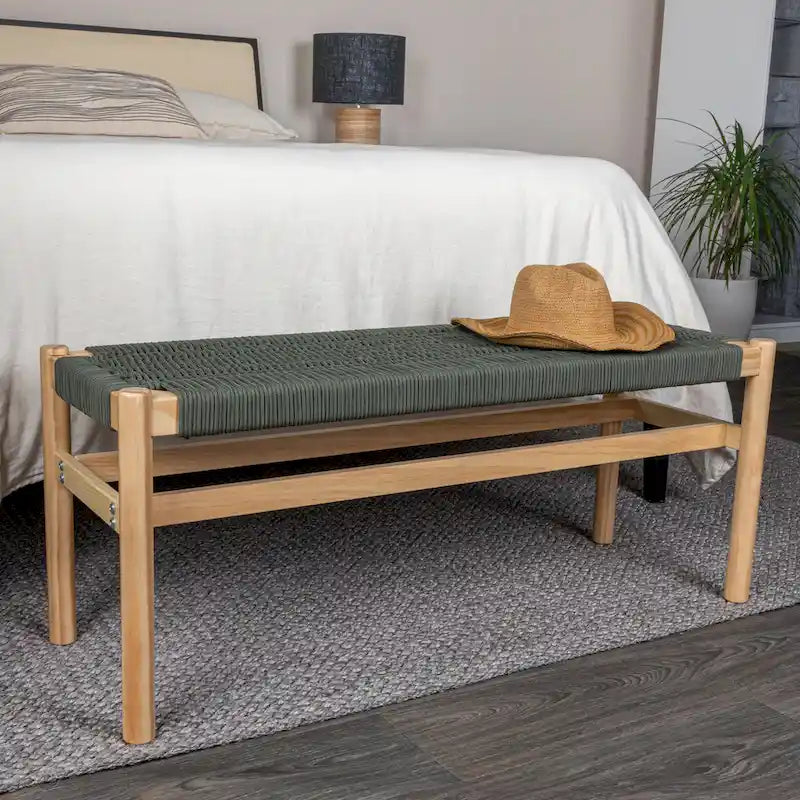 Solid Wood and Woven Rope Entryway Bench, 43.3L x 15.0W x 18.0H