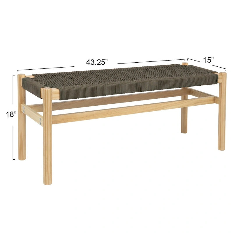 Solid Wood and Woven Rope Entryway Bench, 43.3L x 15.0W x 18.0H