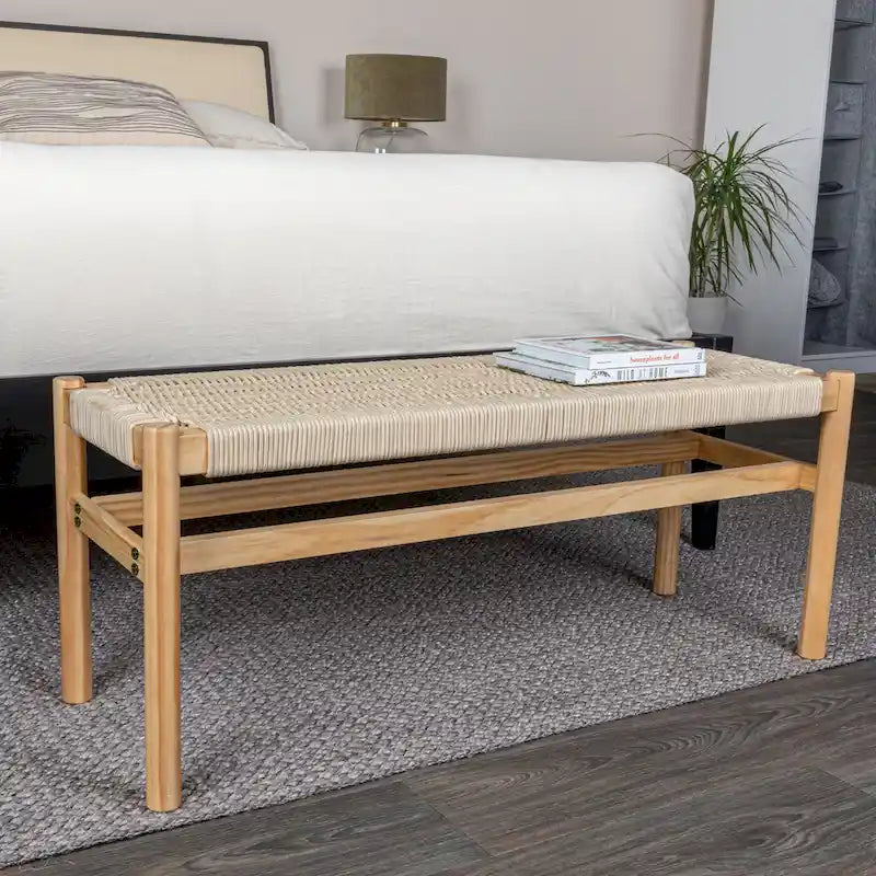 Solid Wood and Woven Rope Entryway Bench, 43.3L x 15.0W x 18.0H