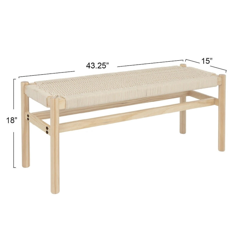 Solid Wood and Woven Rope Entryway Bench, 43.3L x 15.0W x 18.0H
