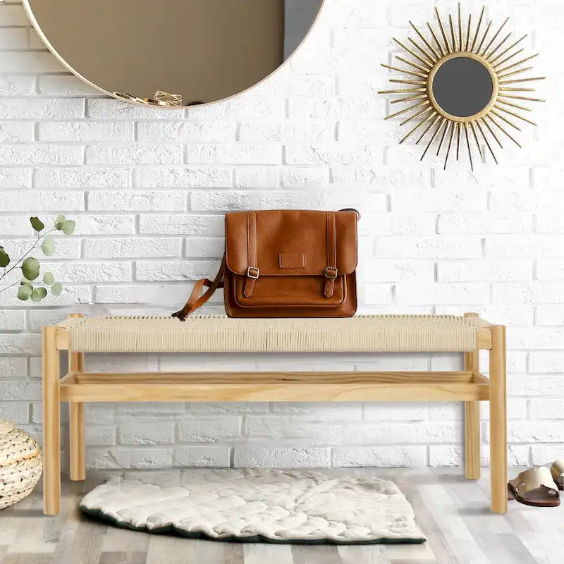 Solid Wood and Woven Rope Entryway Bench, 43.3L x 15.0W x 18.0H