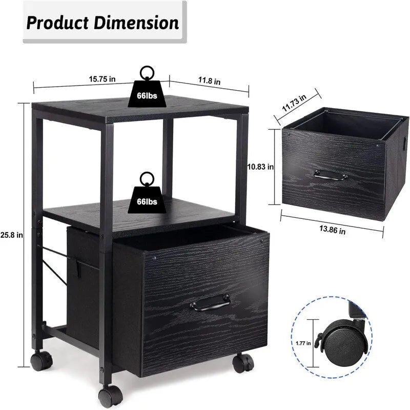 2 Tier Metal Mobile Under Desk Home Printer Stand - 11.81D x 15.75W x 25.6H