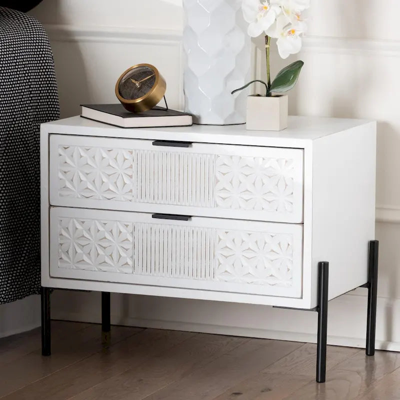 Merryn Mid-Century Transitional Distressed White Finished Wood and Black Metal 2-Drawer Storage Cabinet