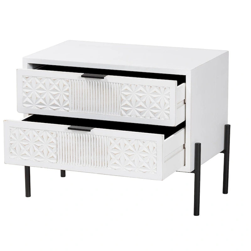 Mid-Century Transitional Distressed White Wood and Black Metal 2-Drawer Storage Cabinet