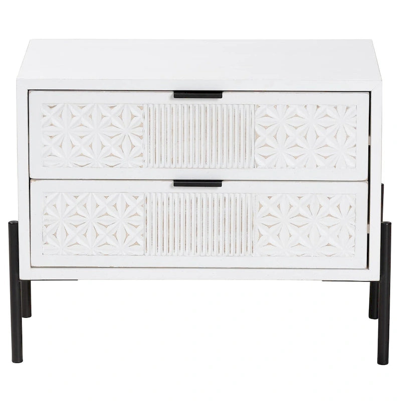 Mid-Century Transitional Distressed White Wood and Black Metal 2-Drawer Storage Cabinet