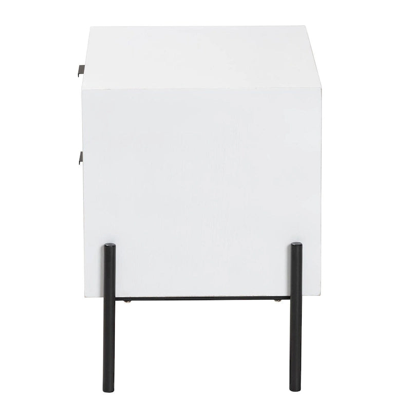 Mid-Century Transitional Distressed White Wood and Black Metal 2-Drawer Storage Cabinet