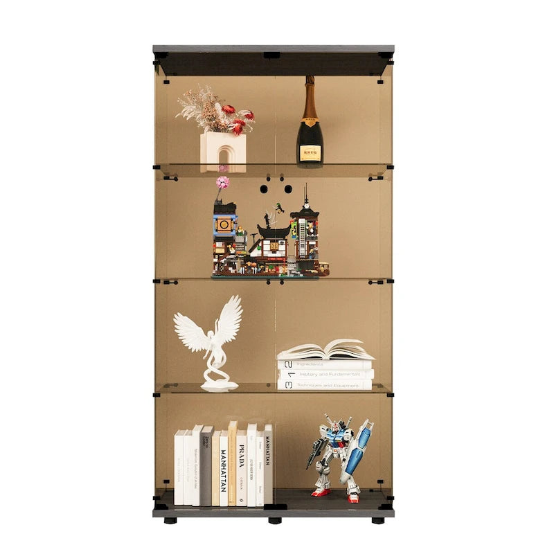 Two-door Glass Display Cabinet 4 Shelves with Door, Floor Standing Curio Bookshelf ,64.7*31.7*14.3,Black
