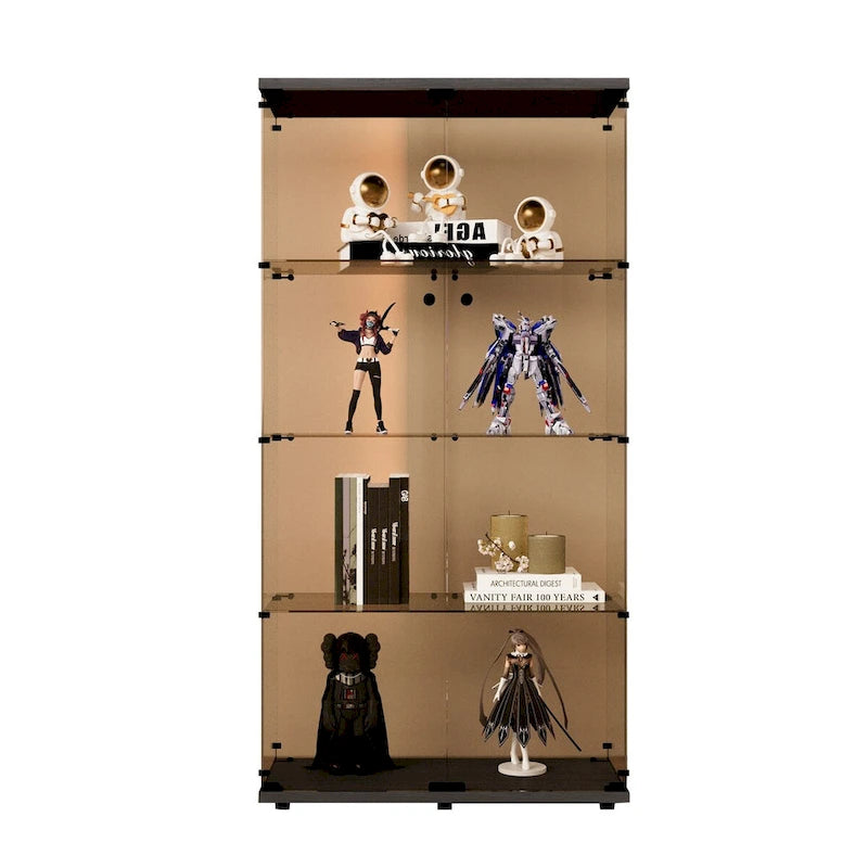 Two-door Glass Display Cabinet 4 Shelves with Door, Floor Standing Curio Bookshelf ,64.7*31.7*14.3,Black