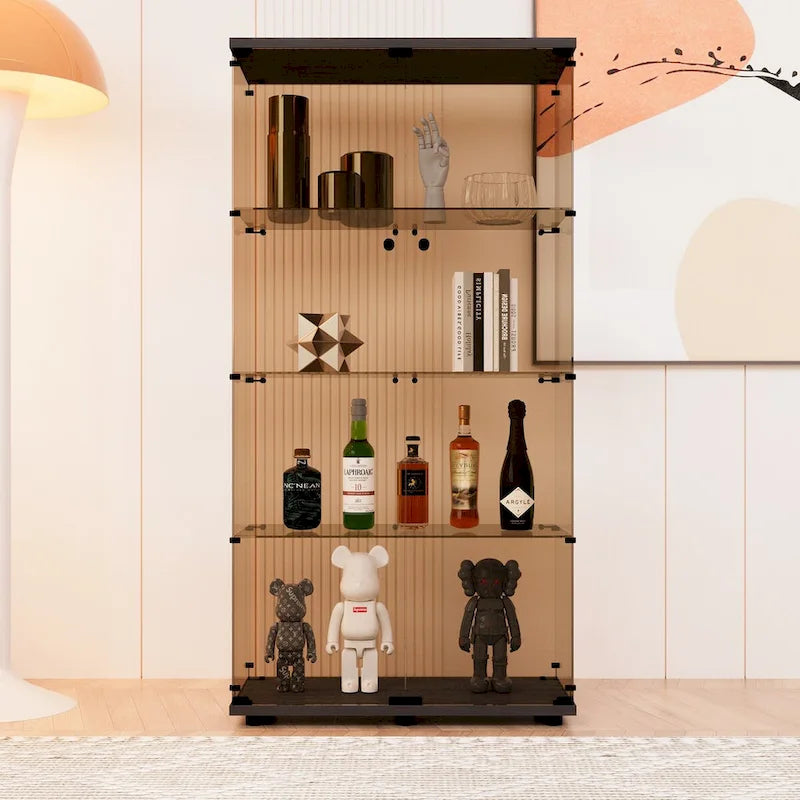 Two-door Glass Display Cabinet 4 Shelves with Door, Floor Standing Curio Bookshelf ,64.7*31.7*14.3,Black