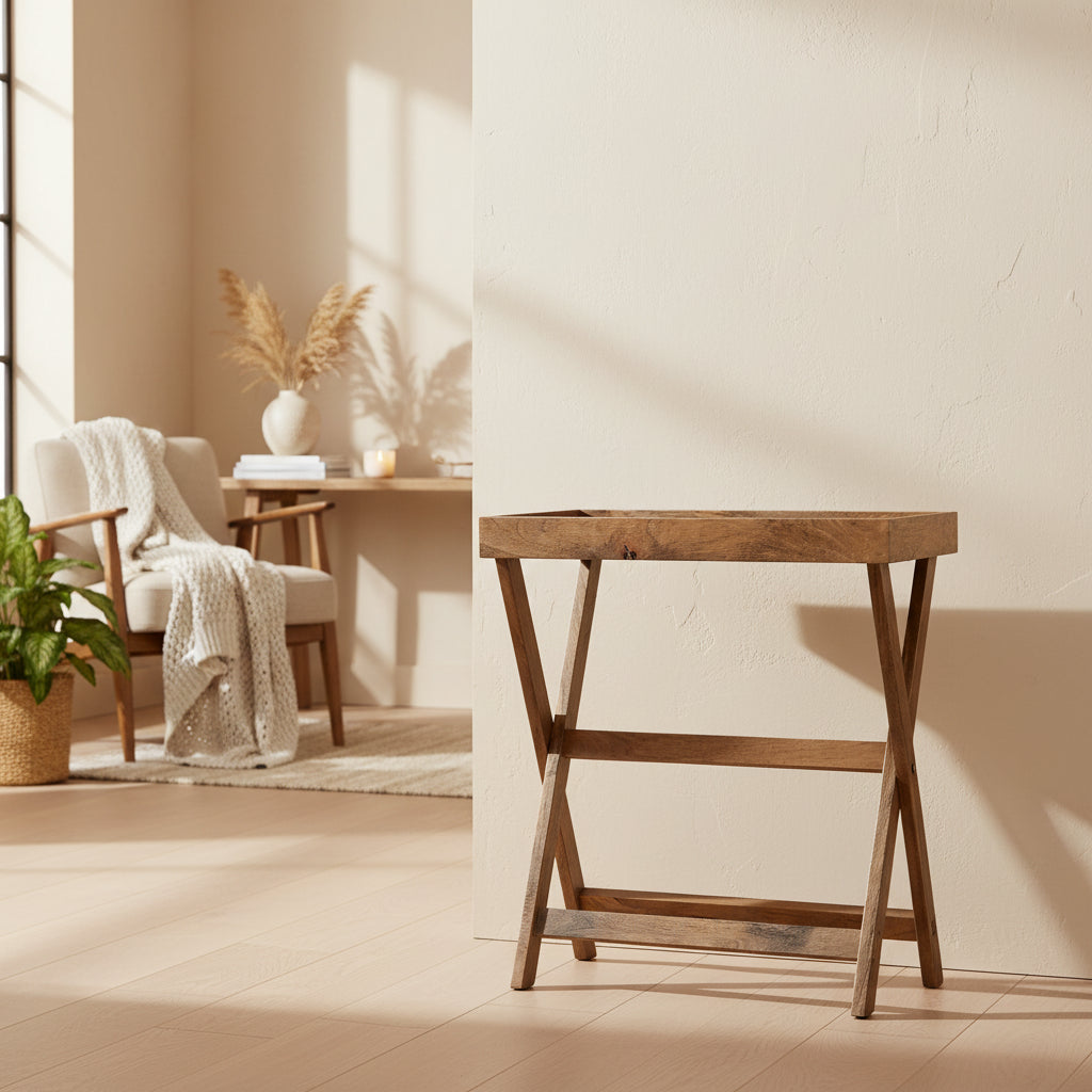 Wooden Butler Tray with Stand 30 x 32 Brown TV Tray Contemporary Rustic Decorative Stand or Storage Display - 30 x 15 x 32