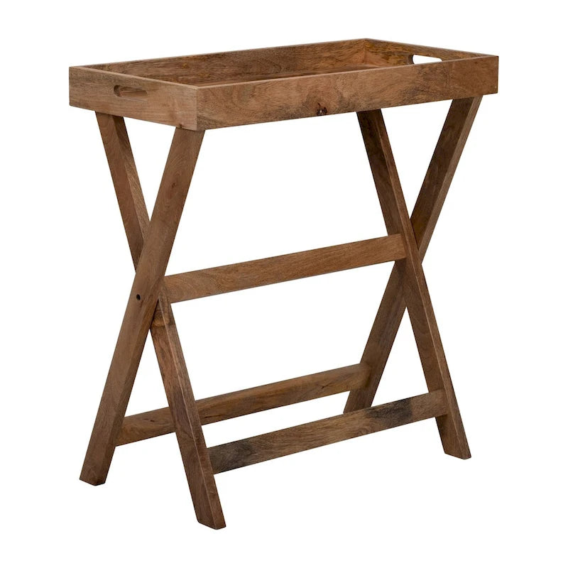 Wooden Butler Tray with Stand, Brown, Contemporary Rustic, 30 x 15 x 32