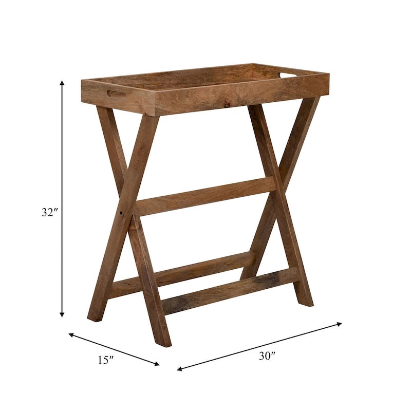 Wooden Butler Tray with Stand, Brown, Contemporary Rustic, 30 x 15 x 32