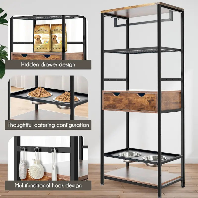 3 Height Adjustable Raised Dog Bowls, Dog Feeder Station for Large Medium Dogs Cats, Dog Storage with shelves