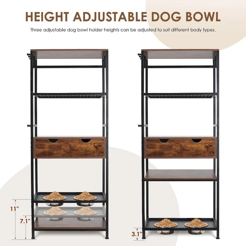 3 Height Adjustable Raised Dog Bowls, Dog Feeder Station for Large Medium Dogs Cats, Dog Storage with shelves