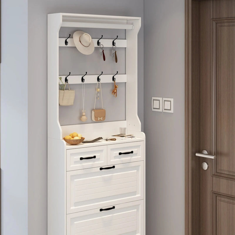 New Shoe Cabinet with 3 Doors 2 Drawers with Hanger,PVC Door With Shape,Large Space for Storage