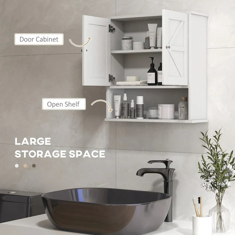 Bathroom Wall Cabinet, Wall Mounted Medicine Cabinet with Open Shelf & Adjustable Shelf, White