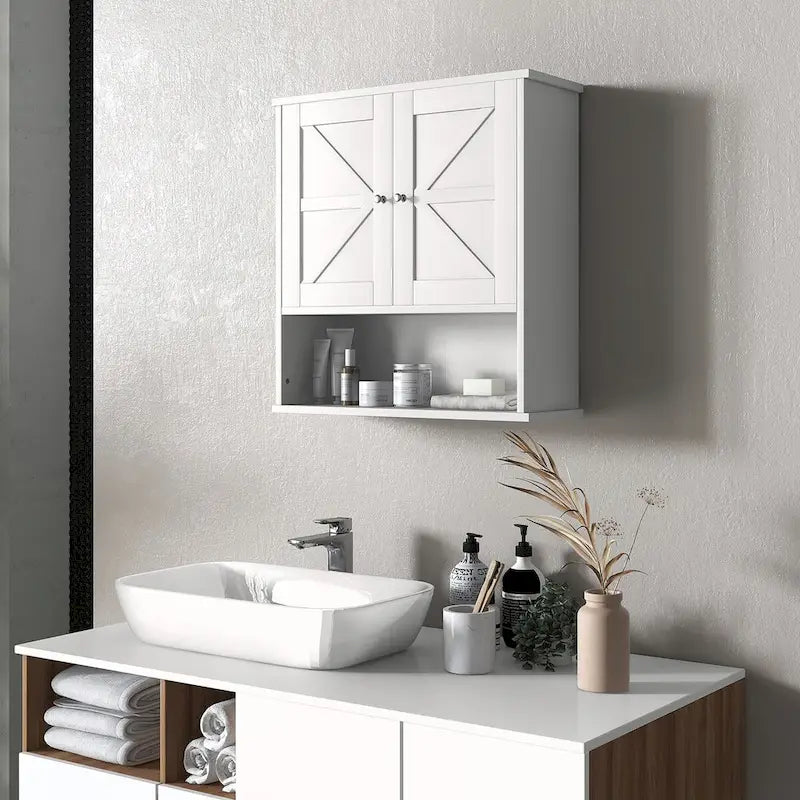 Bathroom Wall Cabinet, Wall Mounted Medicine Cabinet with Open Shelf & Adjustable Shelf, White