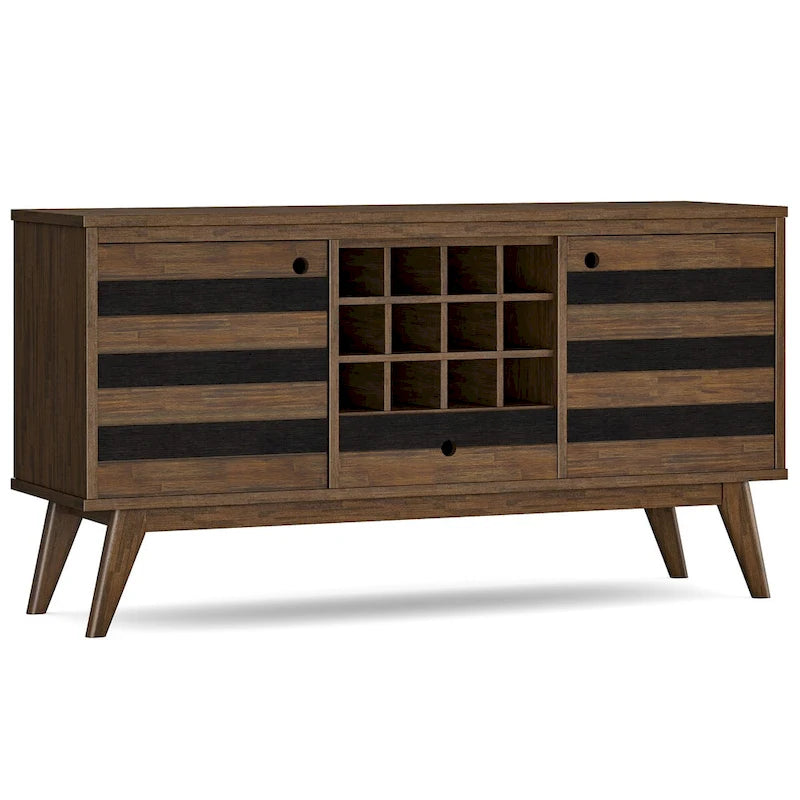 Solid Acacia Wood 60" Wide Rectangle Mid Century Sideboard with Wine Storage, Rustic Natural Aged Brown