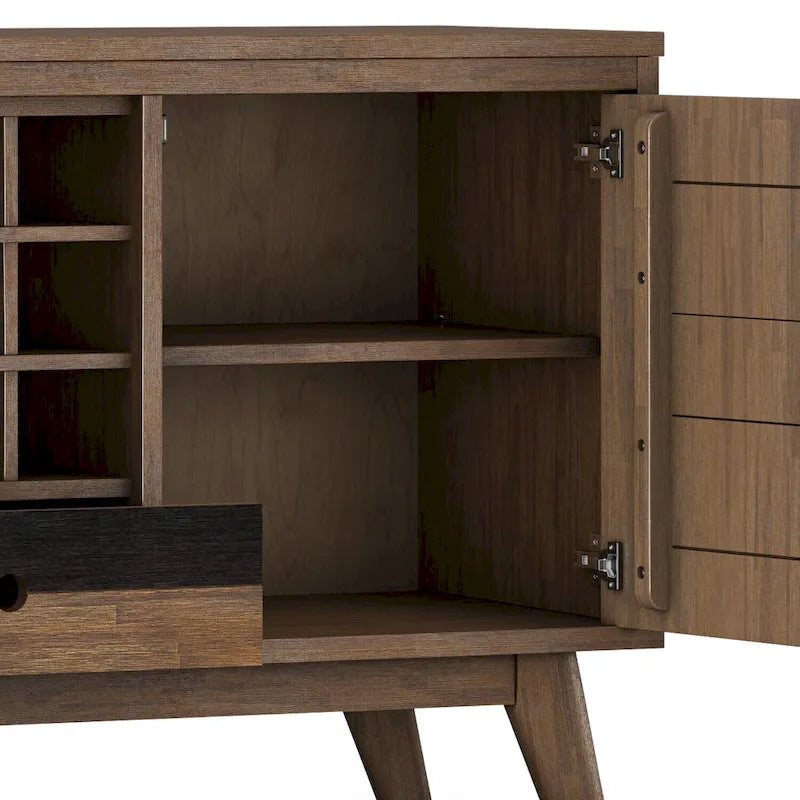 Solid Acacia Wood 60" Wide Rectangle Mid Century Sideboard with Wine Storage, Rustic Natural Aged Brown