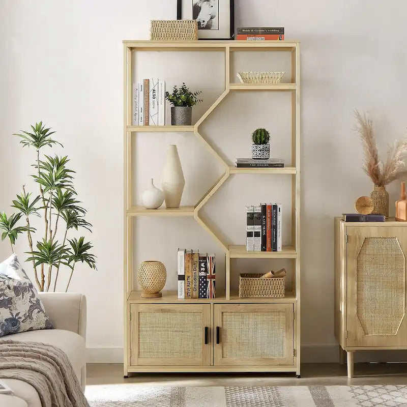 Rattan bookshelf 5 tiers Bookcases Storage Rack with cabinet