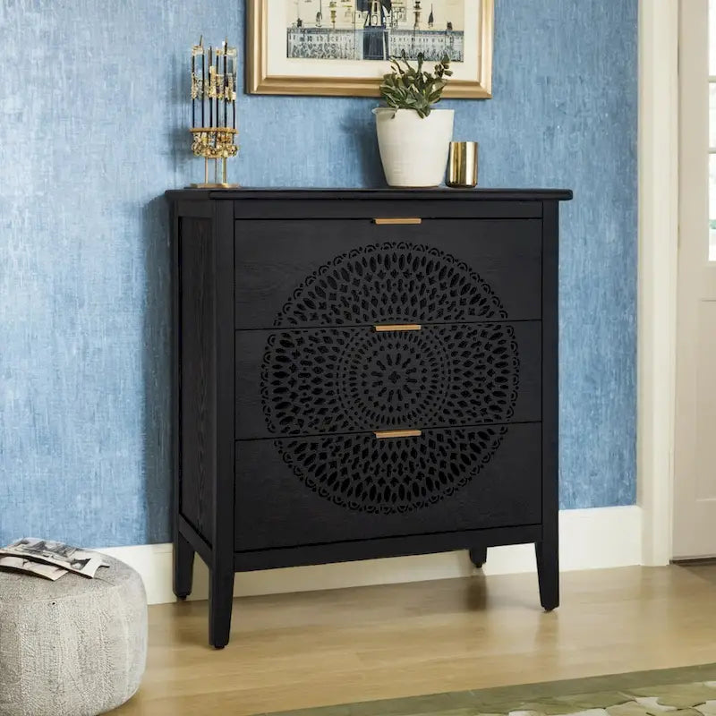 3 Drawer Cabinet with Hollow-Carved 3 Drawer Dresser Storage Chest with Metal Handles For Entryway Living Room Bedroom