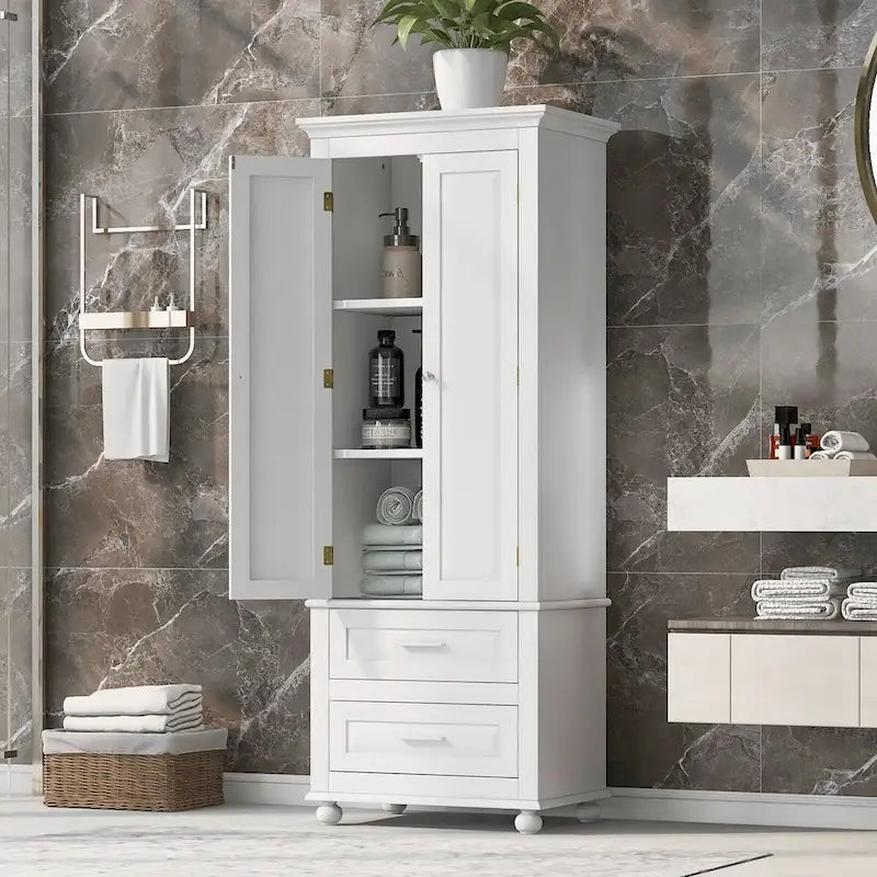 Tall Storage Cabinet with Two Drawers for Bathroom/Office, White