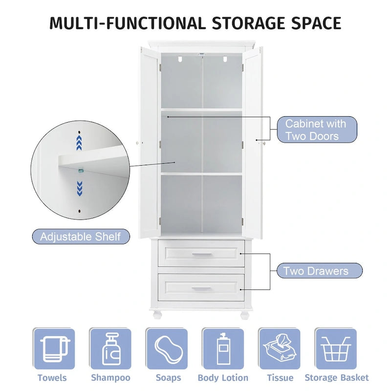 Tall Storage Cabinet with Two Drawers for Bathroom/Office, White