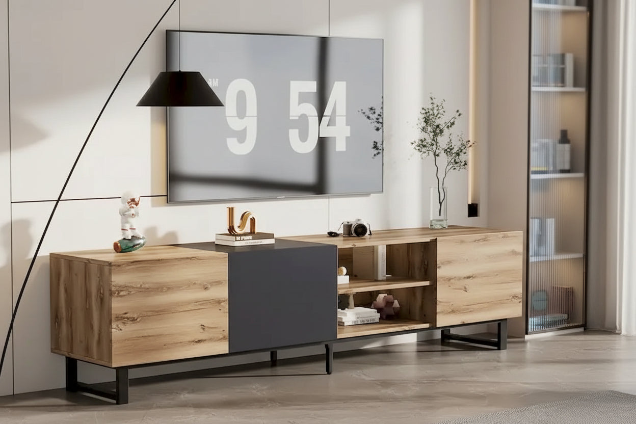 TV with 3 Cabinets& Open Shelves,Color-matching Media Console Table for TVs up to 80,Entertainment Center with Drop Down Door