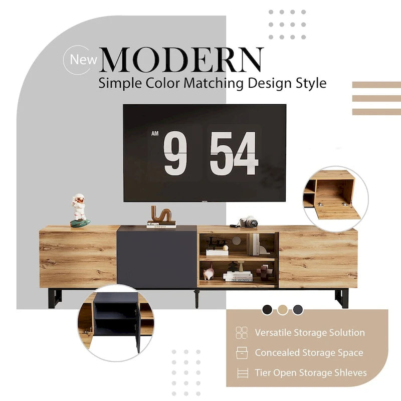 TV Stand with 3 Cabinets & Open Shelves, Entertainment Center with Drop Down Door, for TVs up to 80"