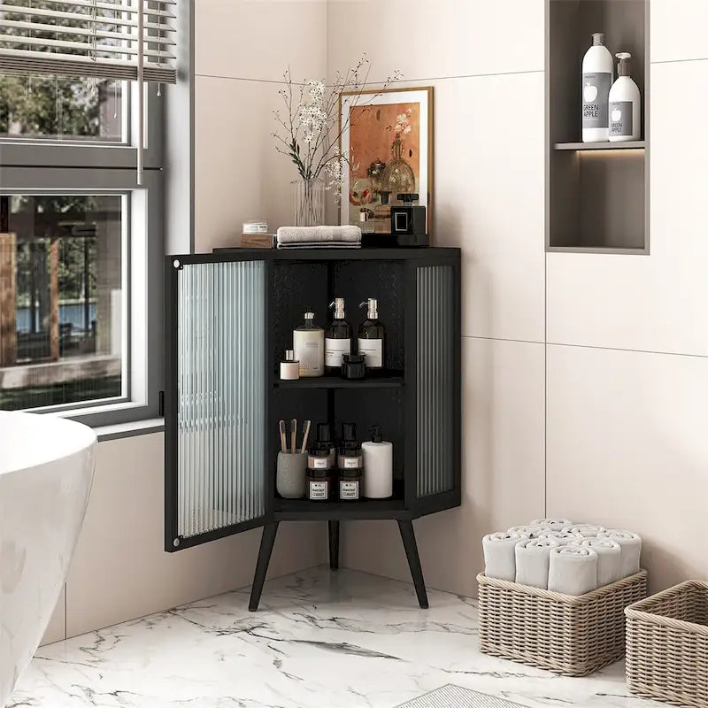 Floor Coner Cabinet with Tempered Glass Door and Storage Shelves