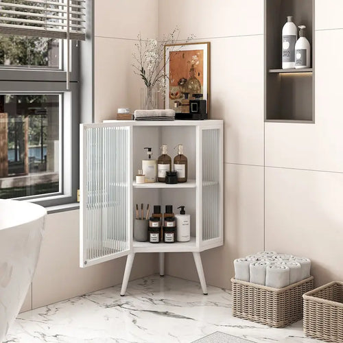 22.25Floor Coner Cabinet with Tempered Glass Door & Storage Shelves for Bathroom, Living Room, Bedroom (White)