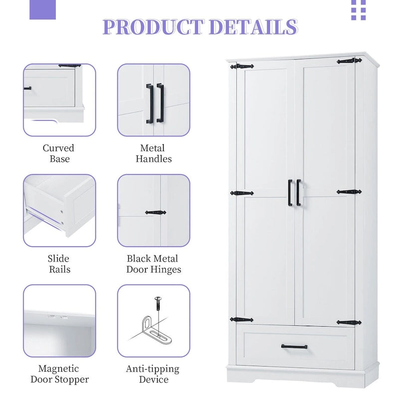 Tall Bathroom Storage Cabinet Cabinet with Two Doors and One Drawer Adjustable Shelf MDF Board White
