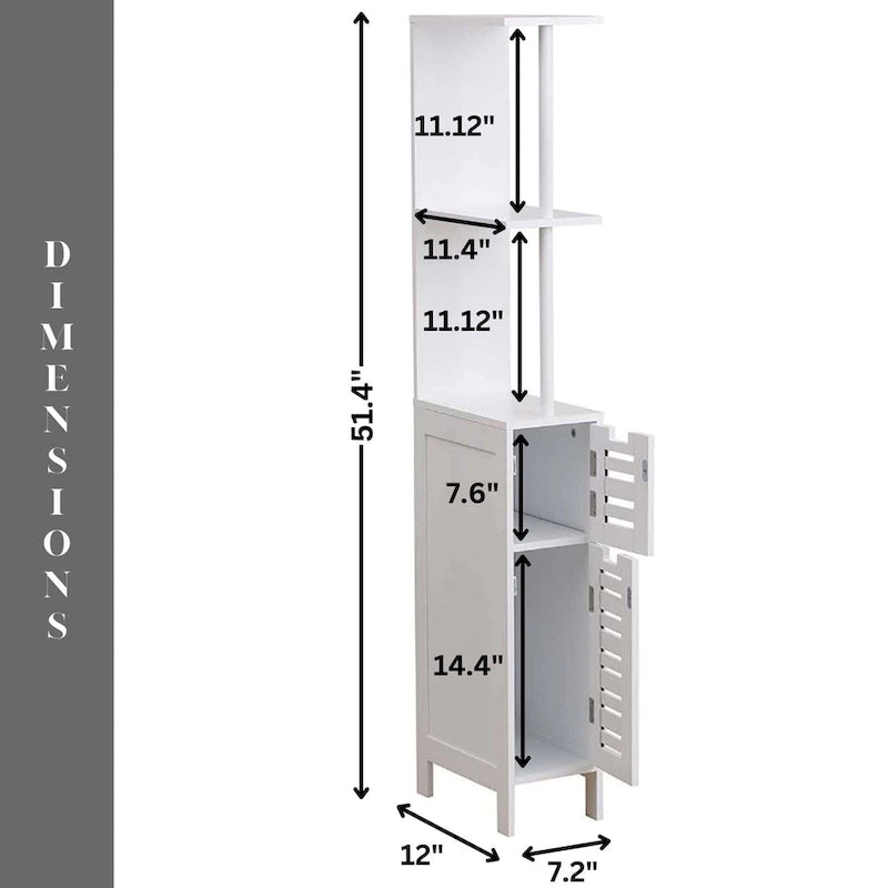 Slim Bathroom Storage Cabinet with Open Shelves and Two Doors, White, 51.4H x 7.2L x 12W