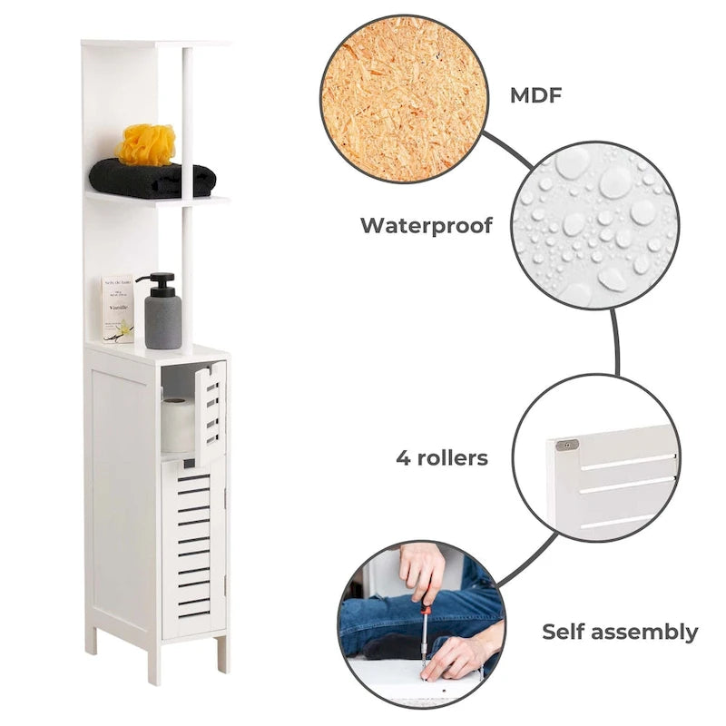 Slim Bathroom Storage Cabinet with Open Shelves and Two Doors, White, 51.4H x 7.2L x 12W